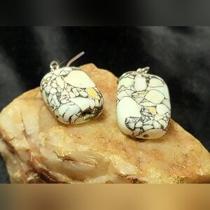 White Buffalo And Sterling Silver Rectangle Artisan Earrings. RARE